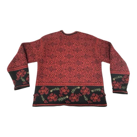 Vintage Frost Nordic Fair Isle Wool Metal Clasps M Red Floral Cardigan Sweater - Picture 9 of 9